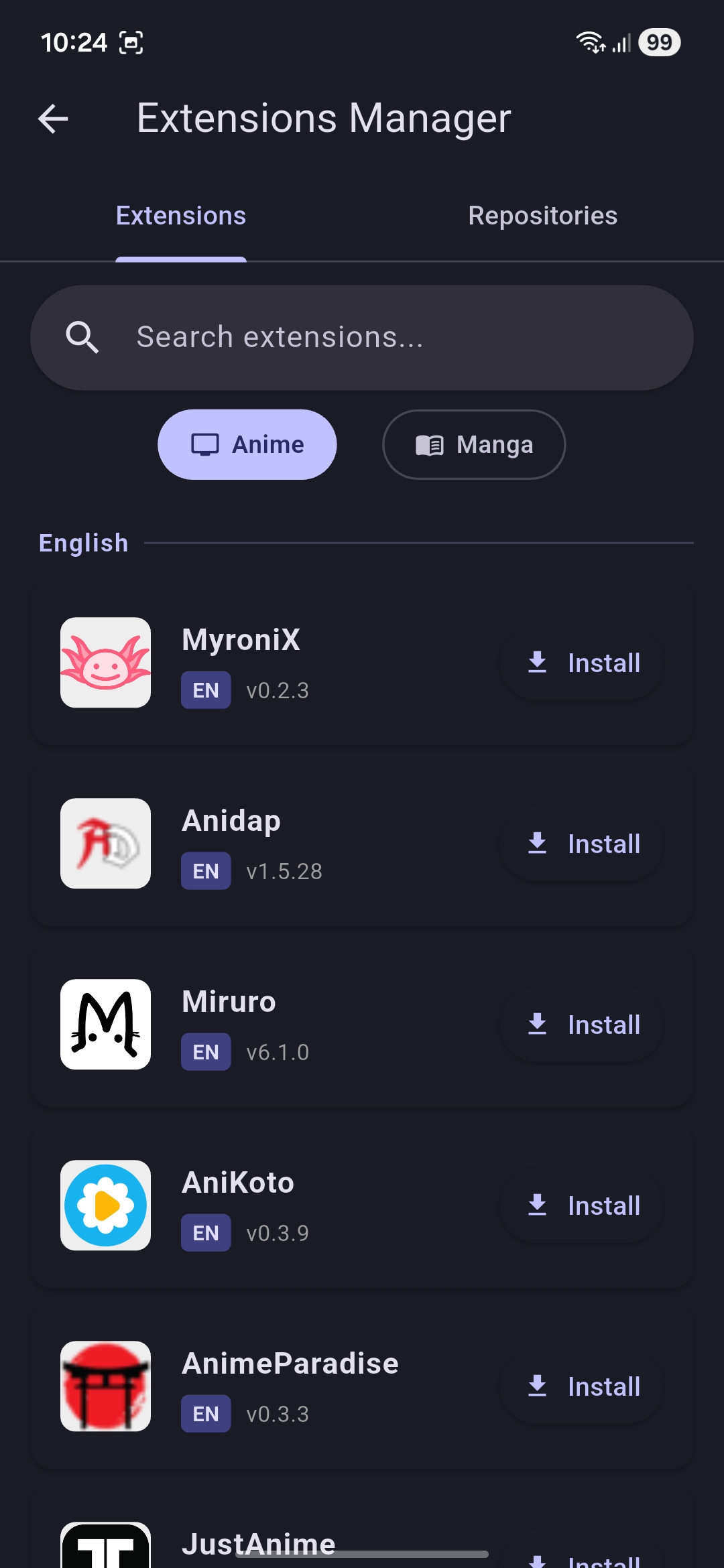 Extensions List Page